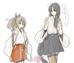  2girls ahoge black_hair black_skirt brown_eyes commentary_request hibari_(horse809cat) high_ponytail highres kantai_collection light_brown_hair long_hair multiple_girls muneate shouhou_(kantai_collection) skirt tagme translation_request zuihou_(kantai_collection) 