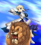  1girl ahoge angry armor armored_dress blonde_hair fate/stay_night fate_(series) green_eyes hair_ribbon lion ribbon saber short_hair sword weapon 