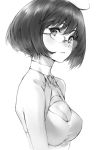  1girl ahoge bangs bare_shoulders breasts center_opening character_request cleavage cleavage_cutout glasses makimura_shunsuke monochrome short_hair solo source_request 