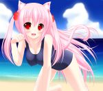  1girl all_fours animal_ears arm_support bad_id beach blush breasts cat_ears cat_tail highres long_hair one-piece_swimsuit original paw_pose pink_hair red_eyes school_swimsuit shocchan_(sanymph) solo swimsuit tail twintails 