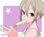 1girl bare_shoulders dripping earrings eating eyebrows eyebrows_visible_through_hair face food gazacy_(dai) ice_cream idolmaster idolmaster_cinderella_girls jewelry looking_at_viewer portrait purple_background shiomi_shuuko short_hair simple_background solo star stud_earrings 