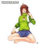 1girl 3gs absurdres ahoge amulet blush breasts can chara_(undertale) cleavage fang feet heart highres holding_can long_hair open_mouth red_eyes shorts sweater thighs undertale