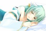  1girl :d bare_shoulders blurry blush clenched_hand collarbone depth_of_field detached_sleeves eyebrows eyebrows_visible_through_hair eyes_visible_through_hair fate/grand_order fate_(series) fuji_kakei green_hair hair_over_eyes kiyohime_(fate/grand_order) long_hair looking_at_viewer lying on_side open_mouth pinky_out smile solo white_background yellow_eyes 