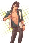  1boy abs bracelet brown_eyes brown_hair domino_mask facial_hair green_shirt jewelry kaburagi_t_kotetsu lunarclinic male_focus mask muscle necktie nipples open_clothes open_shirt ring shirt solo stubble tiger_&amp;_bunny undressing vest waistcoat watch watch 