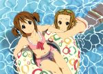  2girls afloat alternate_hairstyle bikini bikini_skirt breasts cleavage frilled_bikini frills from_above goggles goggles_on_head highres hirasawa_yui innertube k-on! light_smile looking_at_viewer looking_up multiple_girls navel official_art pink_bikini scan short_twintails striped striped_bikini striped_swimsuit swimsuit tainaka_ritsu twintails water 