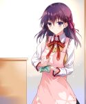  1girl apron fate/stay_night fate_(series) hair_ornament hair_ribbon looking_at_viewer matou_sakura pink_apron purple_hair ribbon school_uniform short_hair smile solo table tsuedzu violet_eyes 