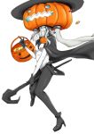  1girl aqua_eyes basket black_gloves boots breasts candy cookie covered_mouth food full_body gloves grey_hair hat high_heel_boots high_heels highres jack-o&#039;-lantern kantai_collection medium_breasts satsumaimo_pai shinkaisei-kan solo staff wo-class_aircraft_carrier 