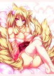  1girl animal_ears bare_shoulders blonde_hair blush breasts fang fingernails fox_ears fox_tail hair_ornament heart highres japanese_clothes legs letterboxed long_hair looking_at_viewer multiple_tails nail_polish obi original panties pink_eyes pink_legwear pink_panties revision sash shugami sitting solo tail thigh-highs underwear 