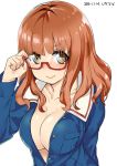  1girl adjusting_glasses blush breasts cleavage collarbone commentary_request dated girls_und_panzer glasses large_breasts looking_at_viewer medium_hair mokyutan open_clothes open_shirt orange_eyes orange_hair red-framed_eyewear semi-rimless_glasses shirt solo takebe_saori upper_body 