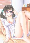  adjusting_glasses ass barefoot bedroom black_hair blue_eyes blue_panties breasts breasts_apart buttons chest_of_drawers dktaka dress_shirt glasses hair_ornament hair_scrunchie indoors long_sleeves looking_at_viewer lying medium_breasts on_back on_bed original panties pantyshot pantyshot_(lying) partially_unbuttoned pillow red-framed_eyewear scrunchie shirt sleeves_folded_up twintails unbuttoned underwear us white_shirt 