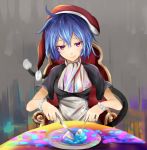  1girl blue_eyes blue_hair chair doremy_sweet dream_soul fork hat houdukixx knife nightcap plate pom_pom_(clothes) purple_hair short_hair solo table tail tongue tongue_out touhou wristband 