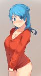  1girl alternate_costume arched_back arm_behind_back bangs blue_eyes blue_hair blush breasts buttons cleavage clothes_tug collarbone cowboy_shot double_bun eyebrows eyebrows_visible_through_hair from_side grey_background kantai_collection large_breasts long_hair long_sleeves looking_at_viewer naked_sweater red_sweater senbei_(senbe_i) simple_background smile sweater sweater_tug swept_bangs thighs urakaze_(kantai_collection) 