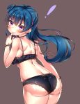  ! 1girl absurdres ass bangs black_bra black_panties blue_hair blush bra choker finger_to_mouth from_behind grey_background hand_on_own_ass highres joptr06 long_hair looking_back love_live! love_live!_sunshine!! panties side_bun simple_background solo tsushima_yoshiko underwear underwear_only violet_eyes 