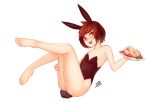 1girl 3gs :3 animal_ears bare_legs breasts brown_eyebrows brown_eyelashes brown_hair bunny_tail bunnysuit chara_(undertale) fang food highres open_mouth pasta rabbit_ears red_eyes short_hair small_breasts spaghetti tail undertale