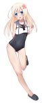  1girl absurdres ass_visible_through_thighs bangs black_footwear blonde_hair blue_eyes covered_navel crop_top flower full_body gin00 hair_between_eyes hair_flower hair_ornament hibiscus highres kantai_collection long_hair looking_at_viewer one-piece_swimsuit open_mouth ro-500_(kantai_collection) ro-500_(kantai_collection)_(cosplay) sailor_collar school_swimsuit school_uniform serafuku simple_background slippers solo swimsuit swimsuit_under_clothes u-511_(kantai_collection) white_background 