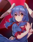  1girl ambiguous_red_liquid animal_ears blue_dress blue_hair bunny_tail dress ear_clip frilled_sleeves frills holding looking_away mallet moon_rabbit puffy_short_sleeves puffy_sleeves rabbit_ears red_eyes renka_(sutegoma25) seiran_(touhou) short_hair short_sleeves solo stain tail touhou twintails 