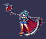  &gt;:) 1girl arm_guards aru_(brave_dungeon) bangs belt belt_buckle blue_background blue_hair blue_skirt blush boots brave_dungeon breasts buckle cape cleavage closed_mouth commentary_request dark_background eyebrows eyebrows_visible_through_hair full_body hair_intakes hand_on_hip holding huge_weapon knee_boots looking_at_viewer medium_breasts messy_hair migel_futoshi multiple_views orange_boots over_shoulder pixel_art pleated_skirt red_cape red_eyes scythe skirt standing strapless weapon weapon_over_shoulder 