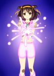  1girl beam brown_eyes brown_hair crop_top cure_dream cure_dream_(cosplay) energy glowing hair_ribbon hairband henshin highres iyakun looking_at_viewer magic orange_ribbon precure ribbon short_hair solo suzumiya_haruhi suzumiya_haruhi_no_yuuutsu transformation yes!_precure_5 