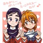  2girls blush_stickers bow bow_panties brown_eyes futari_wa_precure h26r hair_ornament hairclip heart heart_hair_ornament holding holding_panties long_sleeves misumi_nagisa multiple_girls musical_note orange_hair panties polka_dot polka_dot_panties precure presenting_panties purple_hair school_uniform smile translation_request underwear upper_body violet_eyes yukishiro_honoka 