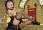  1girl ariverkao black_dress breasts brown_eyes choker cleavage dress fishnet_legwear fishnets long_hair original purple_hair solo thigh-highs 