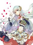  1girl absurdres blue_eyes book dress highres itou_noiji knife long_hair petals silver_hair solo white_background 