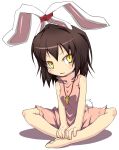  1girl animal_ears bare_legs bare_shoulders barefoot black_hair bound brown_hair bunny_tail carrot carrot_necklace female inaba_tewi jewelry legs_crossed necklace noya_makoto pendant rabbit_ears sitting sleeveless slit_pupils solo tail tied_up touhou yellow_eyes 