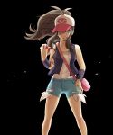  1girl bag baseball_cap black_background blue_eyes blue_shorts brown_hair commentary_request denim denim_shorts detached_sleeves floating_hair grin handbag hat highres holding holding_poke_ball kamihitoe long_hair looking_at_viewer poke_ball pokemon pokemon_(game) pokemon_bw ponytail shirt shorts simple_background sleeveless sleeveless_shirt smile solo standing touko_(pokemon) vest white_shirt 