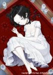  1girl barefoot black_hair breasts candle carchet cleavage closed_eyes coffin dress feet female full_body lying neck_ribbon on_side ribbon short_hair sid_story sleeping solo white_dress white_skin 