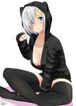  1girl alternate_costume animal_ears artist_request between_legs black_legwear blush breasts cleavage collarbone fake_animal_ears full_body hair_ornament hair_over_one_eye hairclip hamakaze_(kantai_collection) hand_between_legs highres hood hooded_jacket indian_style jacket kantai_collection large_breasts looking_at_viewer no_bra paw_pose short_hair silver_hair simple_background sitting sleeves_past_wrists thigh-highs thighs unzipped white_background 