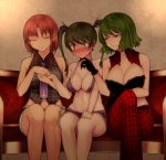  3girls aoshima bare_shoulders blush breasts brown_eyes brown_hair cleavage full-face_blush green_hair highres himekaidou_hatate horikawa_raiko kazami_yuuka large_breasts long_hair multiple_girls navel red_eyes redhead short_hair sitting touhou twintails 