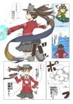  aircraft airplane animal animal_on_head aviator_cap bird bird_on_head blush_stickers brown_eyes brown_hair comic explosion fairy_(kantai_collection) fire flat_chest goggles goggles_on_headwear hand_on_hip highres japanese_clothes kantai_collection kariginu magatama miniskirt ocean onmyouji outstretched_arms pleated_skirt ryuujou_(kantai_collection) satsumaimo_pai scroll shikigami skirt sparkle standing standing_on_one_leg translation_request twintails visor_cap 