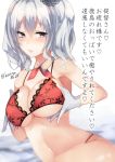  1girl bare_shoulders blue_eyes bra breast_grab breasts collarbone detached_collar grabbing hair_between_eyes kantai_collection kashima_(kantai_collection) large_breasts leaf_print lips looking_at_viewer lying midriff on_side open_mouth red_bra sakiryo_kanna shiny shiny_skin silver_hair solo twintails under_boob underwear underwear_only wavy_hair 