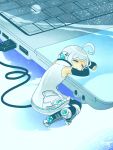  1boy ahoge android bare_shoulders blush closed_eyes computer creamyya detached_sleeves eyelashes headphones highres laptop male_focus miniboy open_mouth sleeping solo tail usb utatane_piko vocaloid white_hair 