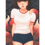  1girl black_eyes black_hair breasts jisoo_kim lipstick makeup medium_breasts multiple_tails original pillarboxed red_lipstick shirt short_shorts shorts solo t-shirt tail 