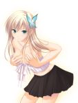  1girl 3: aqua_eyes blonde_hair boku_wa_tomodachi_ga_sukunai breasts butterfly_hair_ornament covering covering_breasts hair_ornament kashiwazaki_sena long_hair looking_at_viewer simple_background skirt solo takepon white_background 