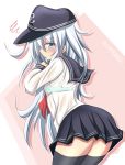  1girl black_legwear blue_bra blue_eyes blush bra hat hibiki_(kantai_collection) highres kantai_collection long_hair school_uniform see-through serafuku shirt silver_hair solo squiggle tamayan thigh-highs underwear wet wet_clothes wet_shirt 