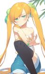  1girl bangs bare_shoulders black_legwear blush bracelet camisole carchet green_eyes hair_ornament jewelry long_hair looking_at_viewer orange_hair original outstretched_arm shorts sitting solo spaghetti_strap swept_bangs thigh-highs twintails very_long_hair 