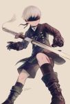  1boy artist_name black_gloves blindfold boots choker double-breasted gloves male_focus nier_automata noeyebrow_(mauve) short_hair shorts silver_hair simple_background solo sword weapon yorha_no.9_type_s 