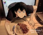  1boy black_eyes black_hair dated drooling egg food haikyuu!! happy_birthday kageyama_tobio male_focus monitor photo_background plate rice scanner solo spoon suikka tablet upper_body 