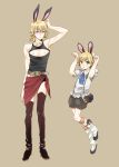  2boys absurdres animal_ears bad_id barnaby_brooks_jr belt black_legwear blonde_hair bunny_pose chest_cutout child cleavage_cutout crossdressinging dual_persona frown glasses green_eyes highres jewelry kemonomimi_mode male_focus multiple_boys necklace nipples older rabbit_ears ridarider sarong thigh-highs tiger_&amp;_bunny younger 