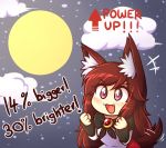  &gt;:d +++ 1girl :d animal_ears blush brooch brown_hair chibi clenched_hands dress english fang full_moon imaizumi_kagerou jewelry long_hair long_sleeves moon night night_sky open_mouth red_eyes sky smile solo star_(sky) starry_sky tail tail_wagging touhou wolf_ears wolf_tail wool_(miwol) 
