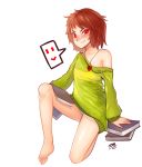 &gt;:) 1girl 3gs amulet barefoot book book_on_thigh breasts brown_eyebrows brown_eyelashes brown_hair chara_(undertale) fang heart highres no_bra oversized_clothes panties pantyshot red_eyes short_hair smile sweater thighs undertale white_panties white_pupils
