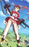  1girl aircraft airplane alternate_costume animal_ears apron blue_sky blush clouds commentary_request day dirndl dog_ears dog_tail dress dual_wielding flying frills german_clothes gertrud_barkhorn gun highres holding holding_weapon long_hair looking_at_viewer machine_gun mg42 outdoors panties puffy_short_sleeves puffy_sleeves red_dress short_sleeves sky smile solo strike_witches striker_unit tail underbust underwear upskirt weapon white_panties world_witches_series yokaze_japan 