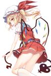  1girl blonde_hair blush flandre_scarlet hat hat_ribbon highres kneehighs laevatein looking_at_viewer miniskirt mob_cap niito pointy_ears puffy_short_sleeves puffy_sleeves red_eyes red_ribbon red_skirt ribbon ribbon-trimmed_legwear ribbon_trim short_sleeves side_ponytail simple_background sketch skirt skirt_set slit_pupils solo touhou vest white_background white_legwear wings 