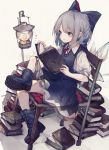  1girl blue_dress blue_eyes blue_footwear blue_hair book book_stack boots bow chair cirno dress hair_bow highres hito_komoru holding holding_book ice ice_wings lanturn puffy_short_sleeves puffy_sleeves reading short_hair short_sleeves solo touhou wings 