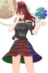  1girl absurdres black_shirt chains clothes_writing collar covering_one_eye earth_(ornament) hecatia_lapislazuli highres long_hair moon_(ornament) multicolored_skirt off-shoulder_shirt open_mouth ozu_(agito100001) polos_crown red_eyes redhead shirt smile solo t-shirt touhou white_background 