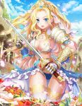  10s 1girl 2016 armor artist_name asymmetrical_bikini bangs bikini blonde_hair blue_bikini_bottom blue_eyes blue_ribbon blue_skirt blue_sky breasts choker cleavage clouds cloudy_sky cowboy_shot crown curly_hair dated earrings eyebrows eyebrows_visible_through_hair eyelashes eyes_visible_through_hair flower frilled_bikini frilled_skirt frills gauntlets hand_up high_collar holding holding_sword holding_weapon jewelry large_breasts long_hair necklace original parted_bangs pauldrons pearl_necklace petals ribbon shoulder_pads showgirl_skirt sidelocks signature skirt sky solo stud_earrings swimsuit sword thigh-highs thigh_gap veil weapon white_bikini_top white_legwear 