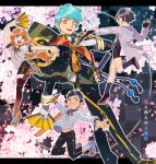  4boys aqua_hair armor atsushi_toushirou black_gloves black_hair black_legwear blonde_hair blue_eyes cape cherry_blossoms fan folding_fan glasses gloves grey_eyes hand_on_own_chest highres ichigo_hitofuri japanese_armor katana kneehighs labcoat male_focus midare_toushirou military military_uniform multiple_boys necktie one_eye_closed open_mouth petals ponytail shorts smile sode sword thigh-highs touken_ranbu touken_ranbu:_hanamaru uniform violet_eyes weapon white_gloves yagen_toushirou yai_(hachihito) yellow_eyes 