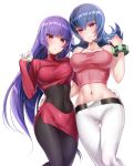  2girls akira_(natsumemo) breasts cleavage covered_navel dual_persona looking_at_viewer midriff multiple_girls natsume_(pokemon) navel pokemon pokemon_(game) pokemon_frlg pokemon_hgss purple_hair 