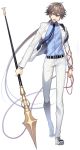 1boy beads belt brown_eyes brown_hair carchet formal highres long_hair looking_at_viewer male_focus open_mouth original polearm ponytail rosary solo spear suit very_long_hair walking weapon 